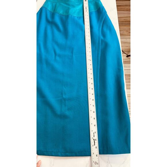 Vintage Western Teal Blue Wool w/ Leather Waist Midi Skirt Size 8 - Picture 7 of 9